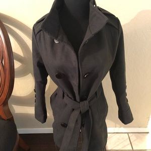 Double breasted black pea coat with tie